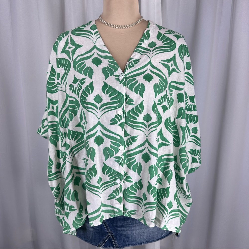 Christian Siriano Blouse Sz M Top Button Linen Floral Boho Hippie Beach Resort